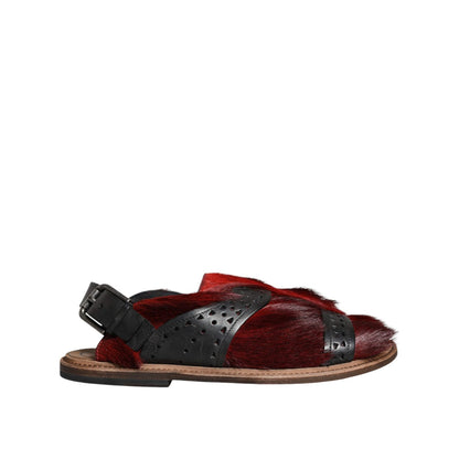 Dolce & Gabbana Black Red Gazelle Hair Leather Sandals Shoes Dolce & Gabbana