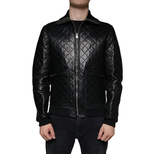 Dolce & Gabbana Black Calf Leather Quilted Full Zip Jacket Dolce & Gabbana