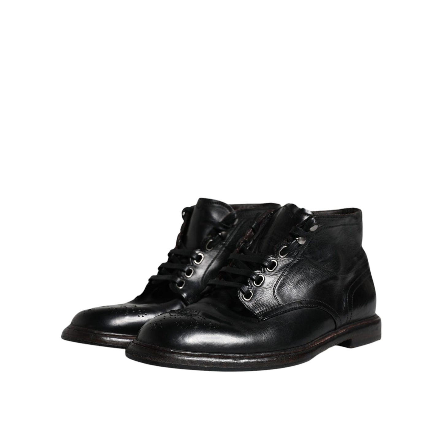 Dolce & Gabbana Black Leather Men Short Boots Lace Up Shoes