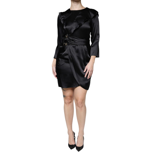 Emporio Armani Black Satin Long Sleeves Wrap Sheath Mini Dress Emporio Armani