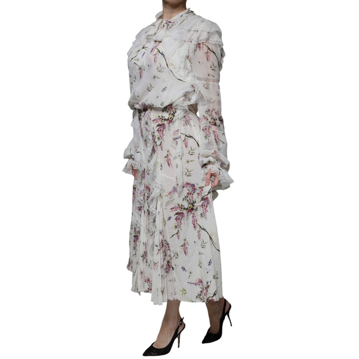 Ermanno Scervino White Floral Ruffles Lace Long Sleeves Maxi Dress Ermanno Scervino