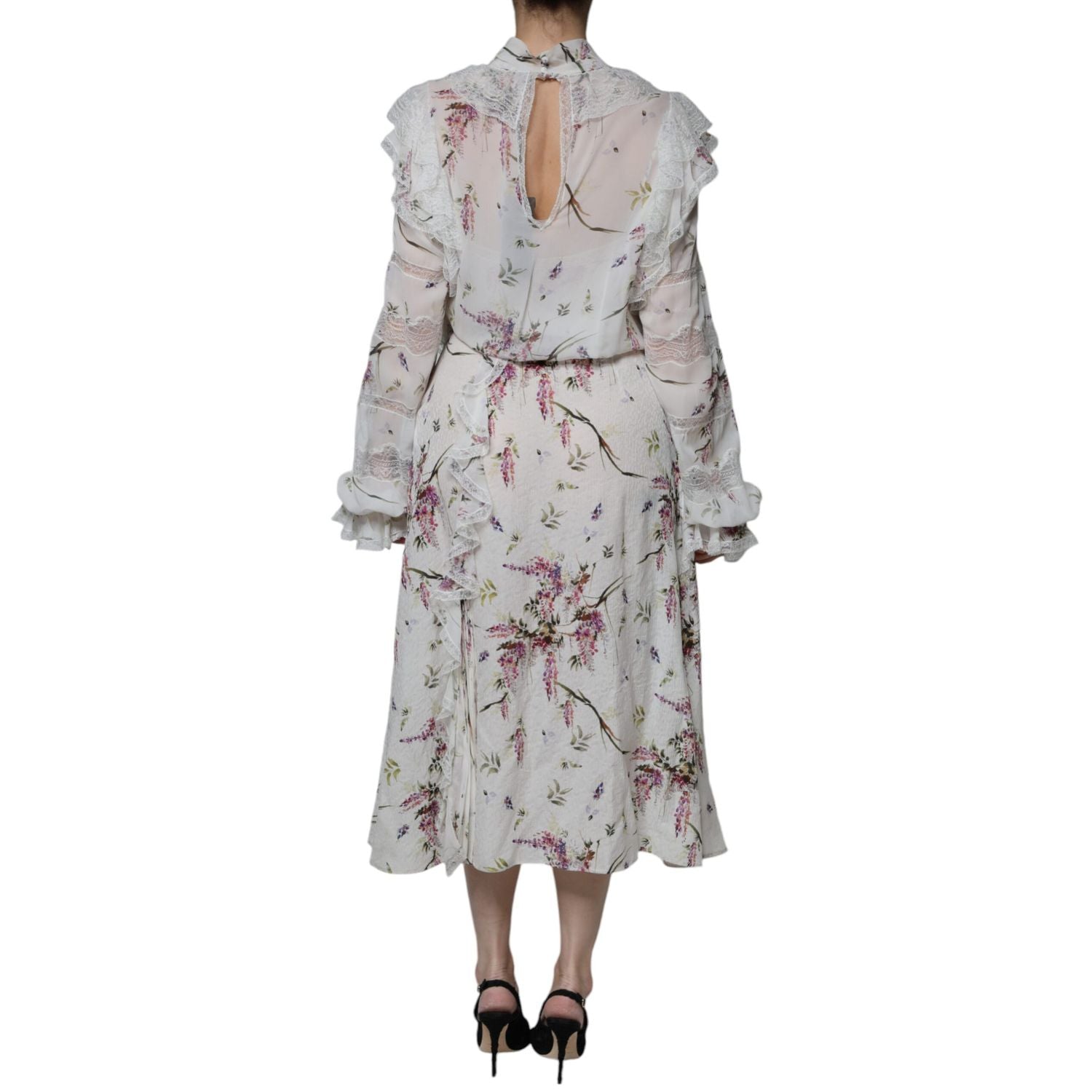 Ermanno Scervino White Floral Ruffles Lace Long Sleeves Maxi Dress