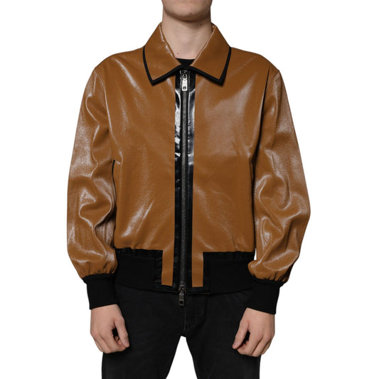 Dolce & Gabbana Brown Leather Full Zip Men Bomber Jacket Dolce & Gabbana