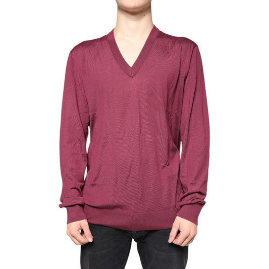 Dolce & Gabbana Maroon Cashmere V-neck Men Pullover Sweater Dolce & Gabbana