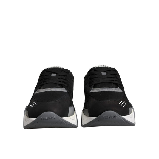 Versace Black Leather Neoprene Chunky Low Top Sneakers Squalo Shoes