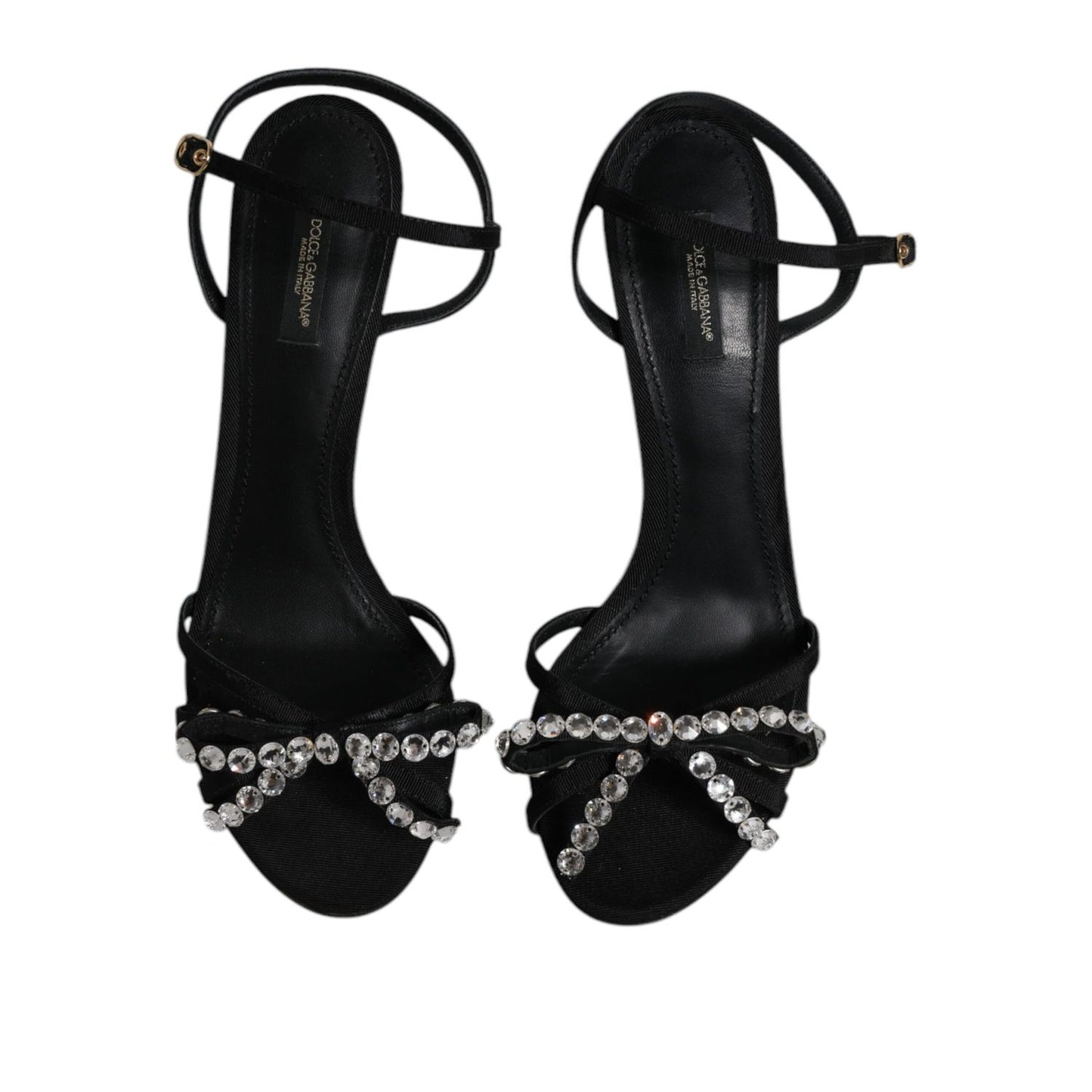 Dolce & Gabbana Black Leather Crystal Heels Sandals Shoes