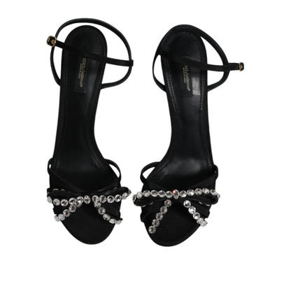 Dolce & Gabbana Black Leather Crystal Heels Sandals Shoes