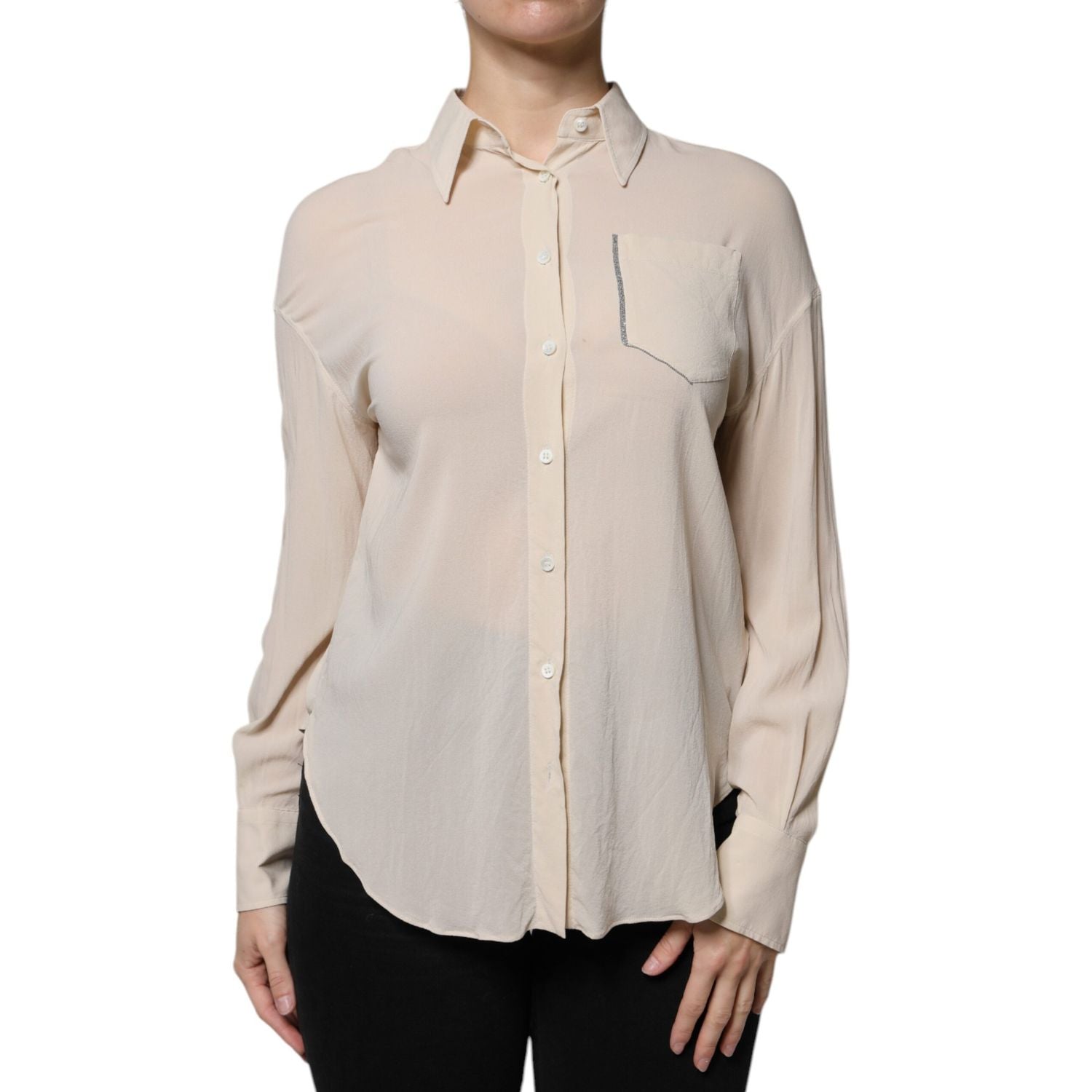 Brunello Cucinelli Beige Silk Blend Collared Button Down Top
