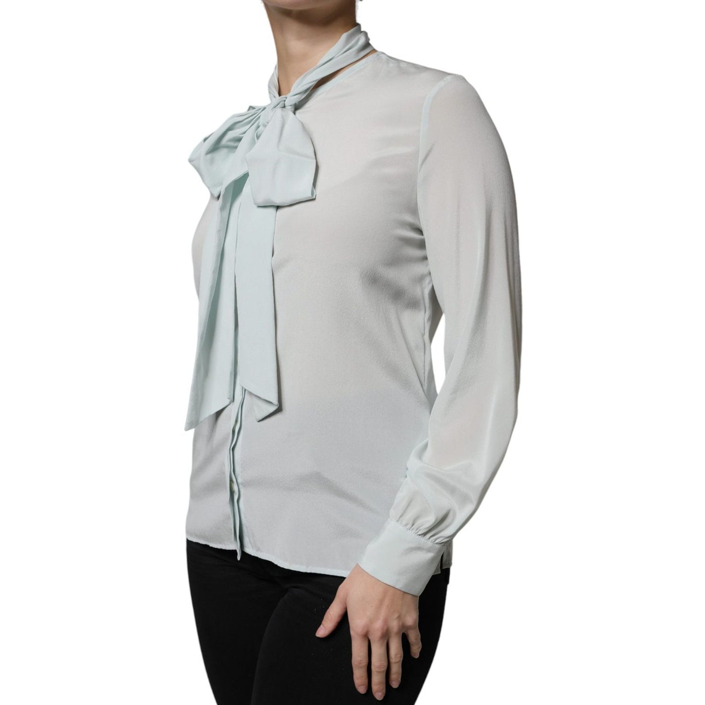 Ballantyne Light Blue Silk Ascot Collared Long Sleeves Top