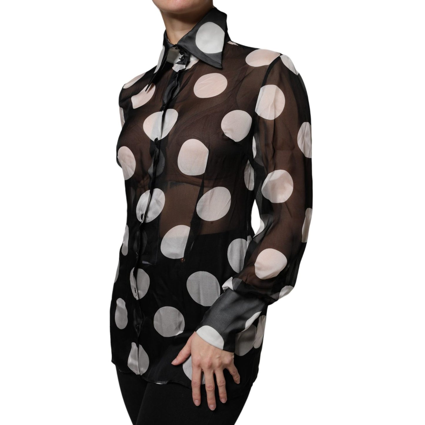 Dolce & Gabbana Black White Polka Dots Silk Long Sleeves Top