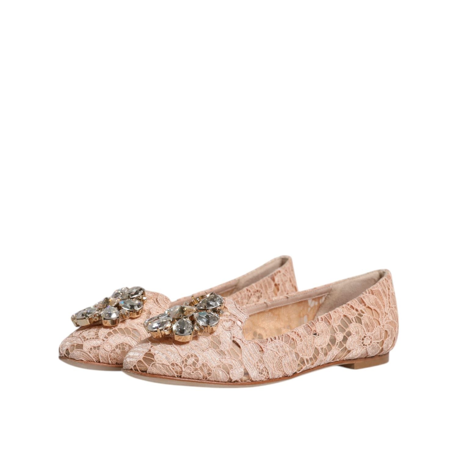 Dolce & Gabbana Beige Lace Crystal Ballet Flats Loafers Shoes