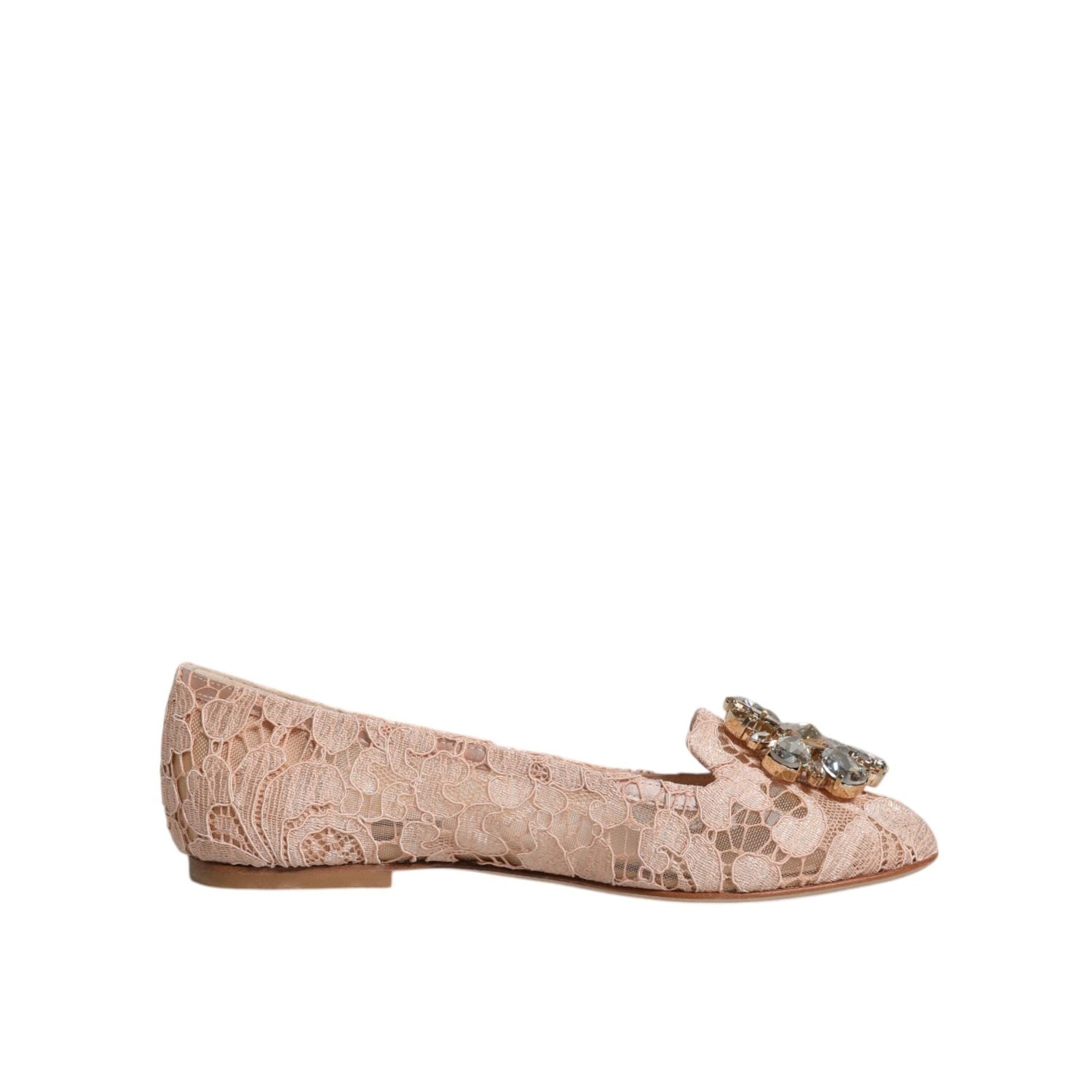Dolce & Gabbana Beige Lace Crystal Ballet Flats Loafers Shoes