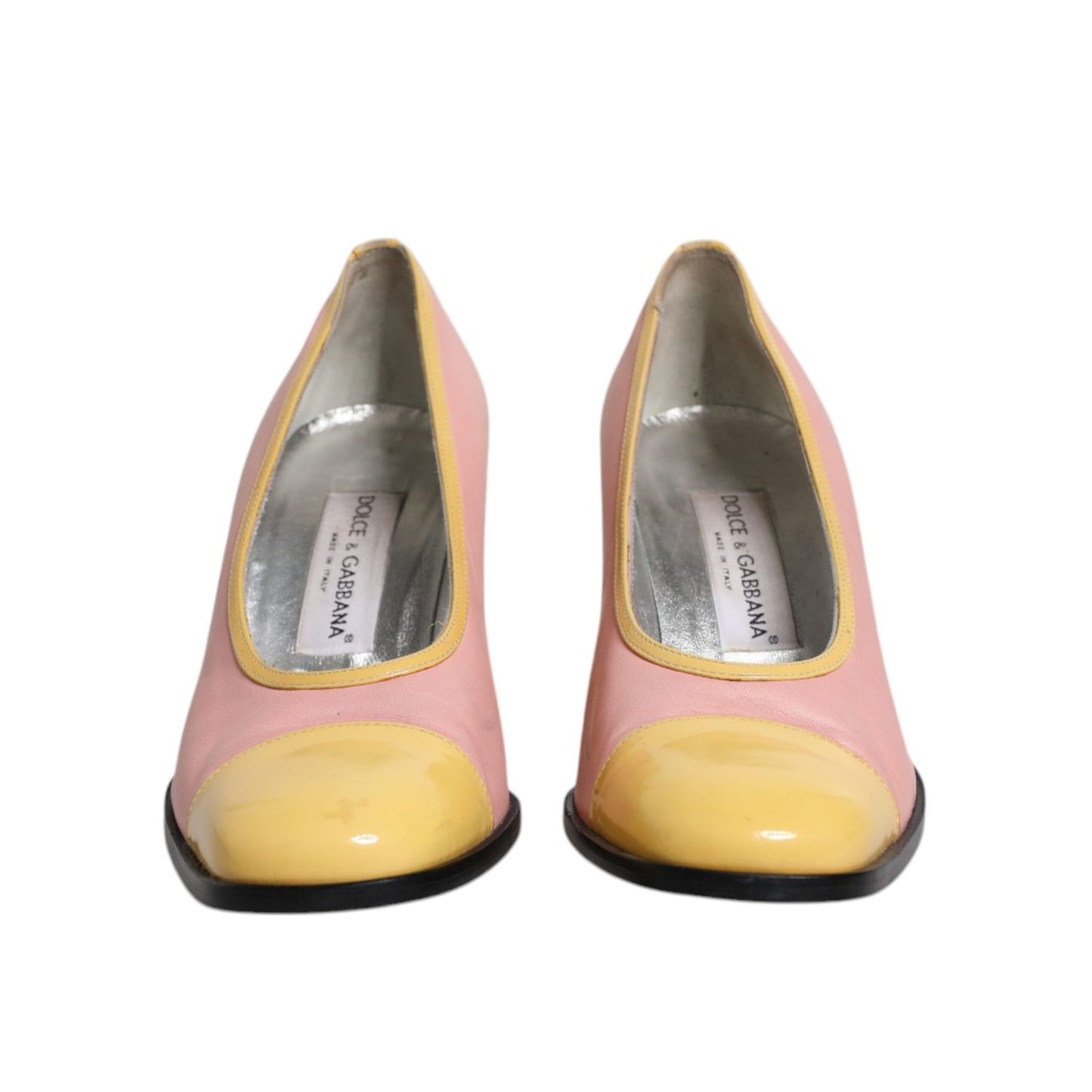 Dolce & Gabbana Pink Yellow Leather Block Heels Pumps Shoes