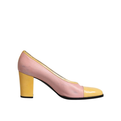 Dolce & Gabbana Pink Yellow Leather Block Heels Pumps Shoes