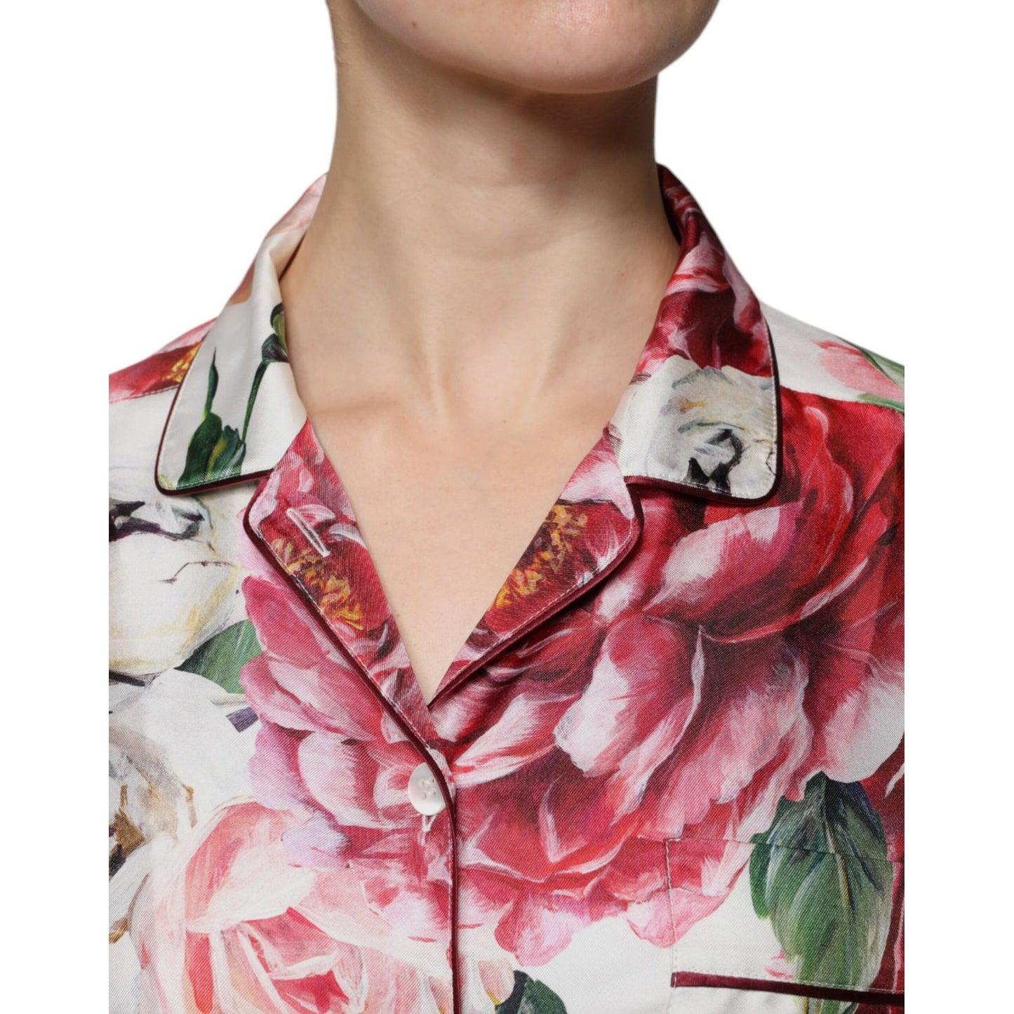 Dolce & Gabbana White Peony Silk Long Sleeves Collared Blouse Top