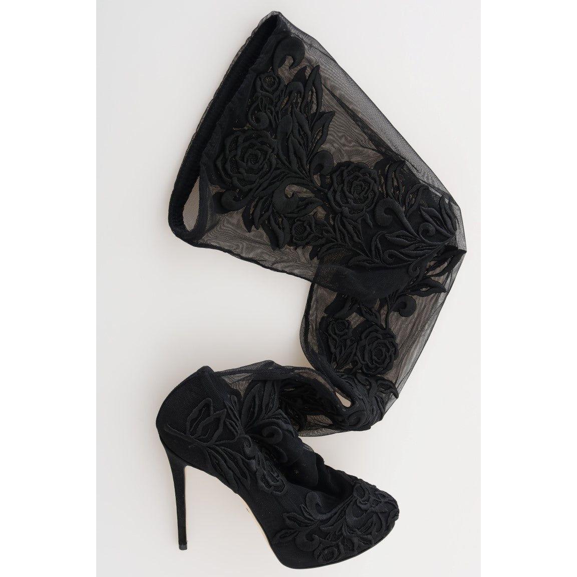 Dolce & Gabbana Black Floral Embroidered Socks Boots