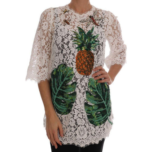 Dolce & Gabbana White Crystal Embellished Lace Blouse