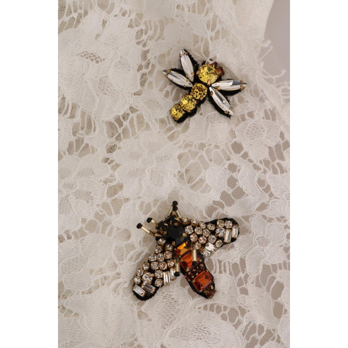 Dolce & Gabbana White Crystal Embellished Lace Blouse