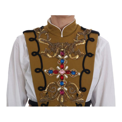 Dolce & Gabbana Yellow Crystal Cross Vest Jacket 1728,2% Elastane,67345645728,Clothing,Dolce & Gabbana,IT40|S,Jackets & Coats - Clothing,Jackets & Coats - Women - Clothing,Material: 98% Cotton,New with tags,Women,Women - Clothing,Yellow