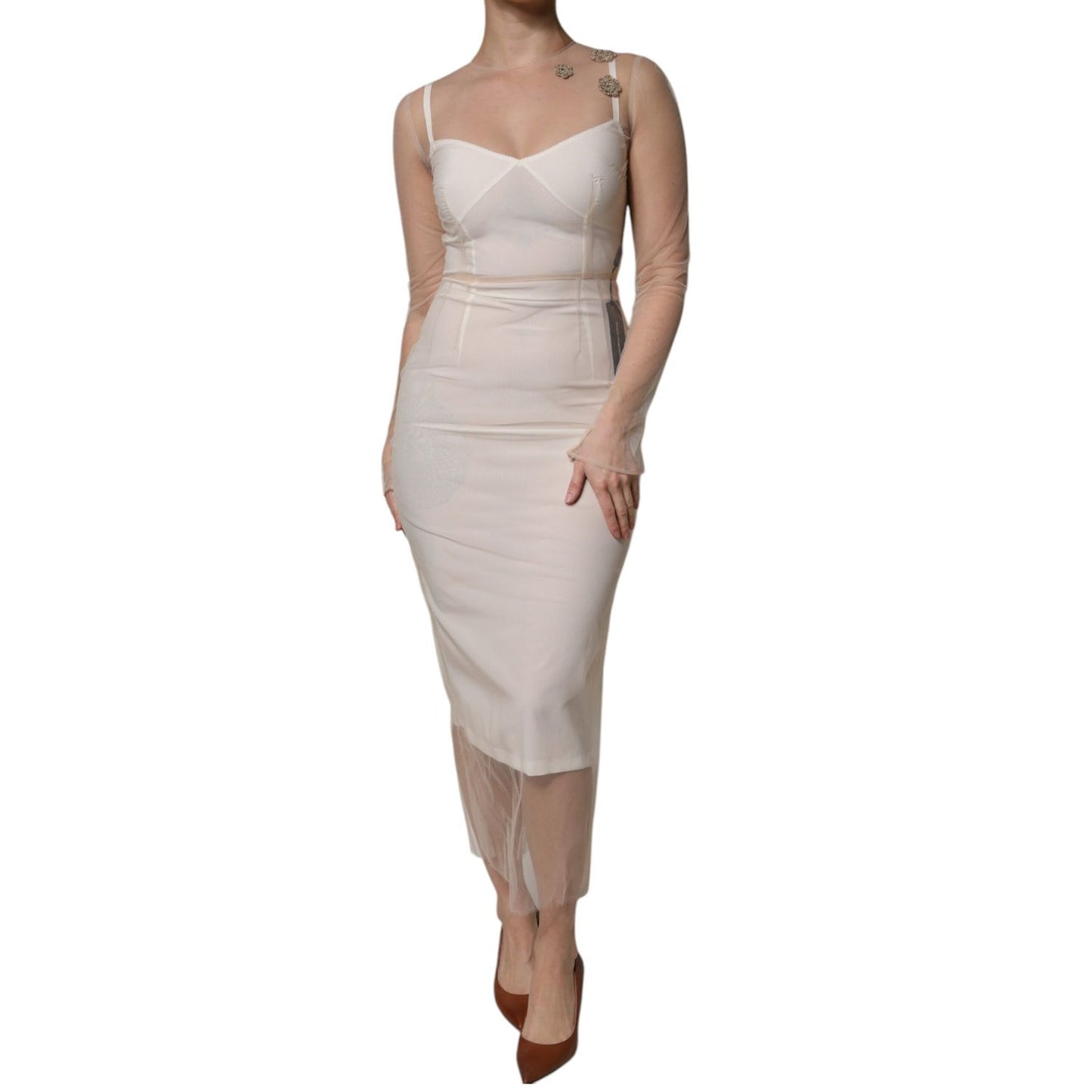 Dolce & Gabbana White Sheer Tulle Bustier Bodycon Midi Dress