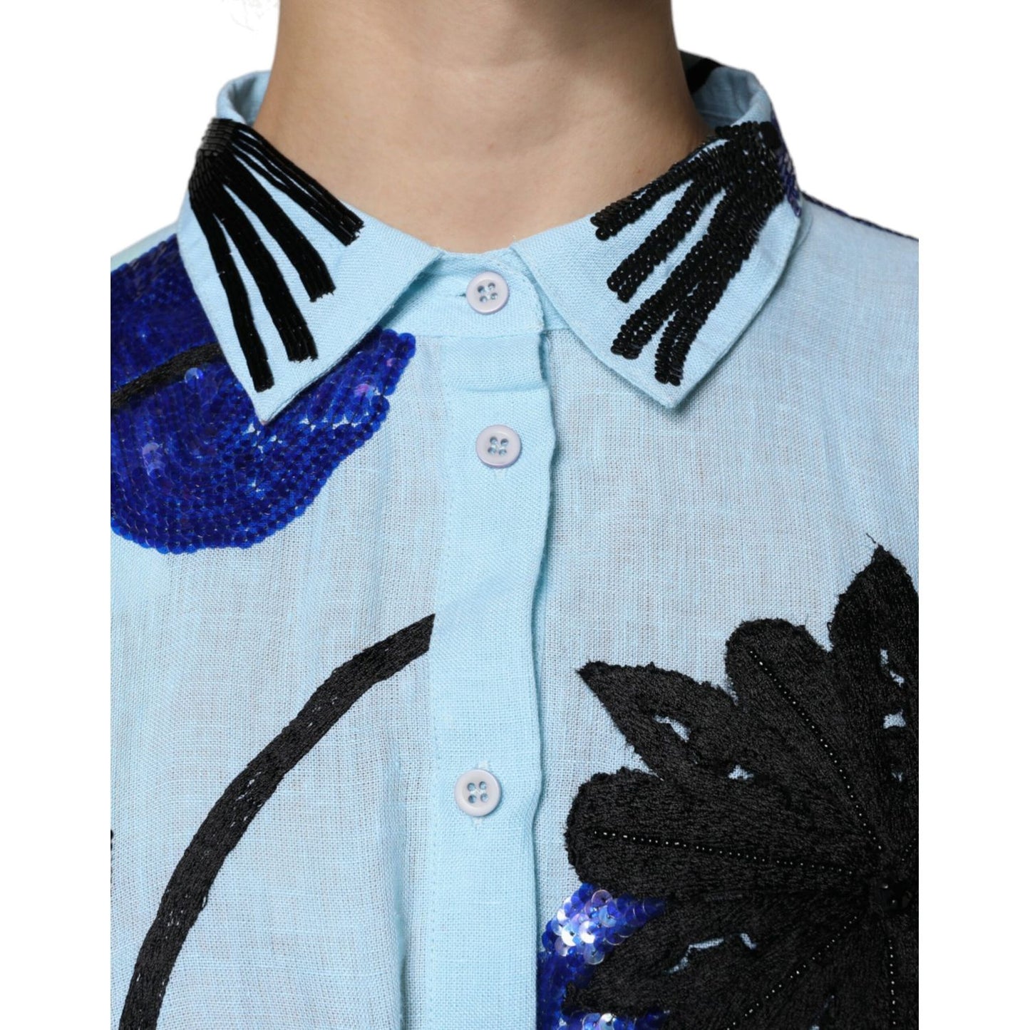 Christian Pellizzari Light Blue Floral Embellished Shirt Maxi Dress