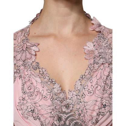 Ermanno Scervino Pink Floral Lace Short Sleeves V-neck Midi Dress Ermanno Scervino