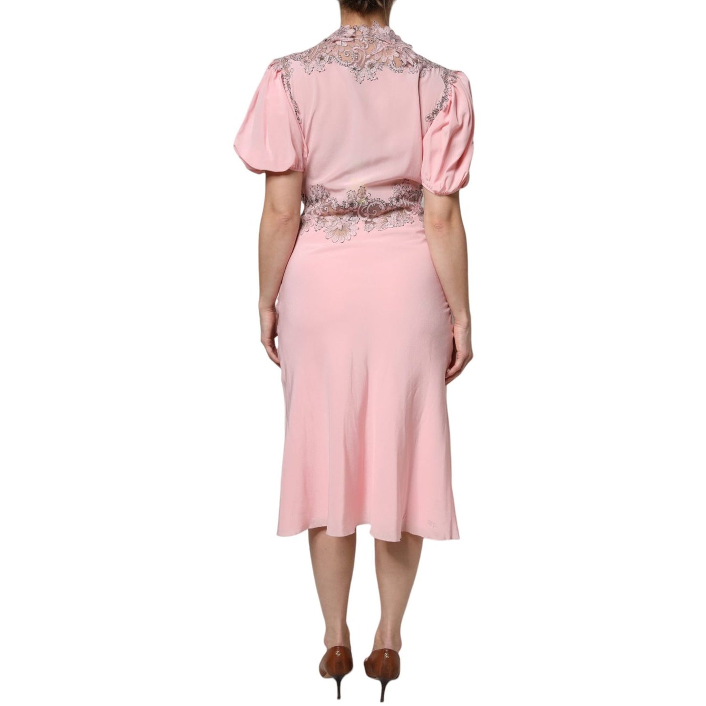 Ermanno Scervino Pink Floral Lace Short Sleeves V-neck Midi Dress Ermanno Scervino