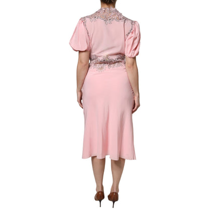 Ermanno Scervino Pink Floral Lace Short Sleeves V-neck Midi Dress Ermanno Scervino