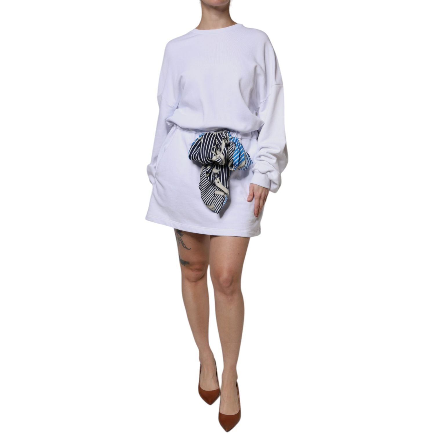 MSGM White Cotton Belted Long Sleeves Crew Neck Mini Dress