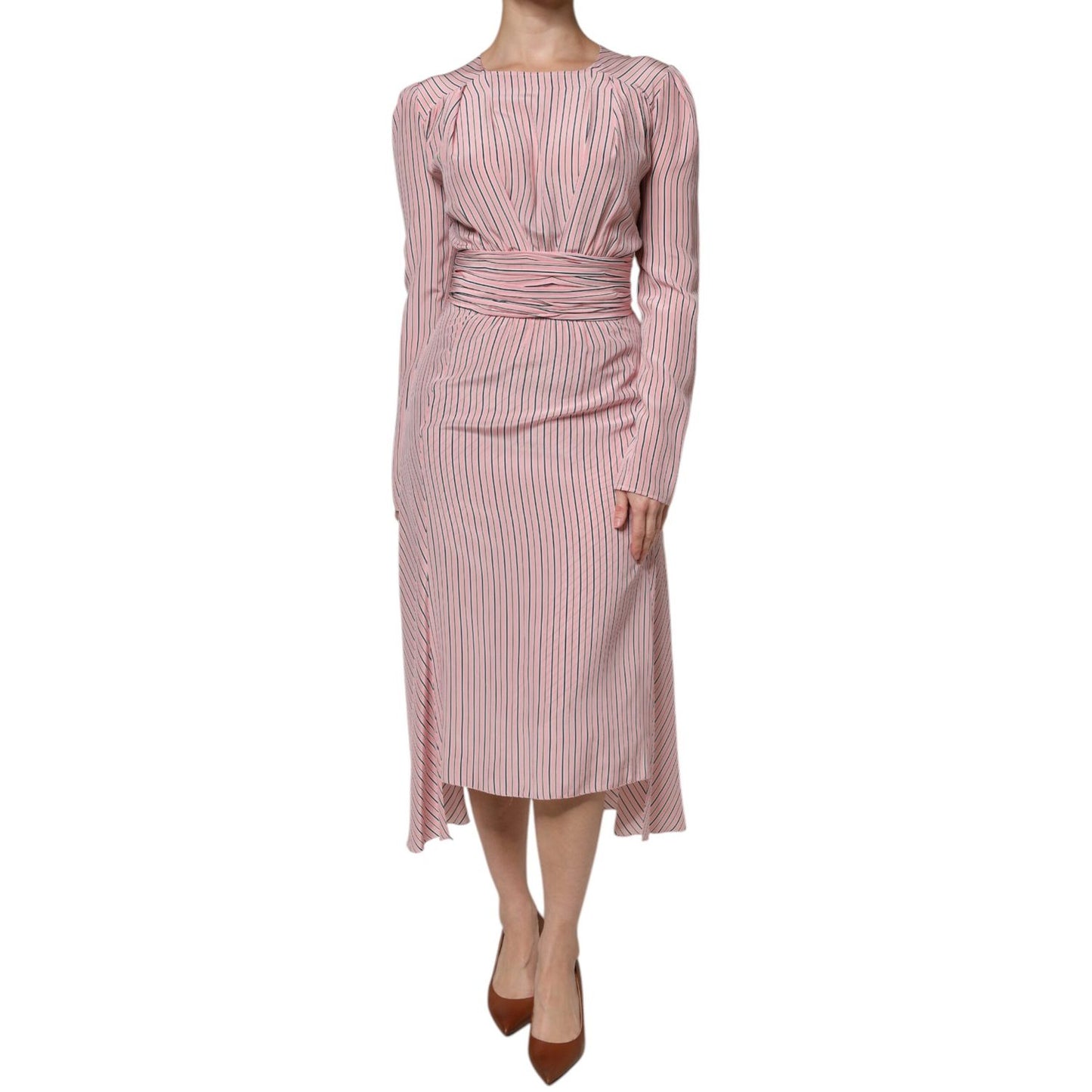 Ermanno Scervino Pink Stripes Silk Long Sleeves Midi Dress Ermanno Scervino