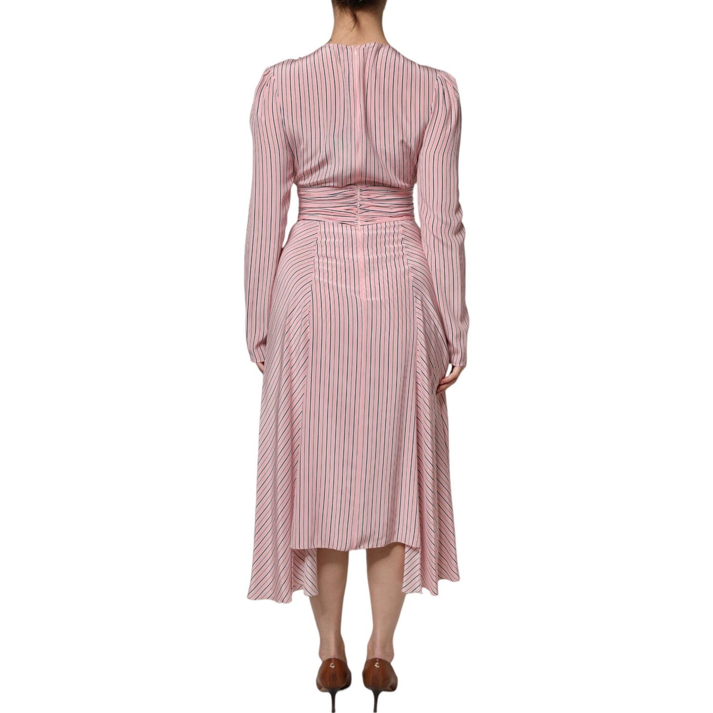 Ermanno Scervino Pink Stripes Silk Long Sleeves Midi Dress Ermanno Scervino