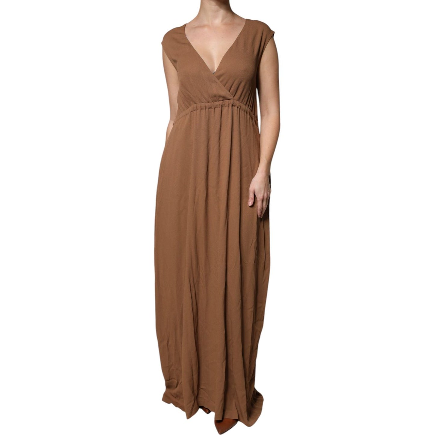 Fabiana Filippi Brown Sleeveless Deep V-neck A-line Long Maxi Dress Fabiana Filippi