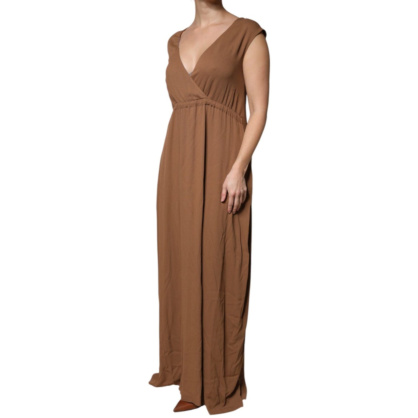 Fabiana Filippi Brown Sleeveless Deep V-neck A-line Long Maxi Dress Fabiana Filippi