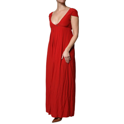 Dondup Red Acetate Short Sleeves Plunging Neckline Maxi Dress Dondup