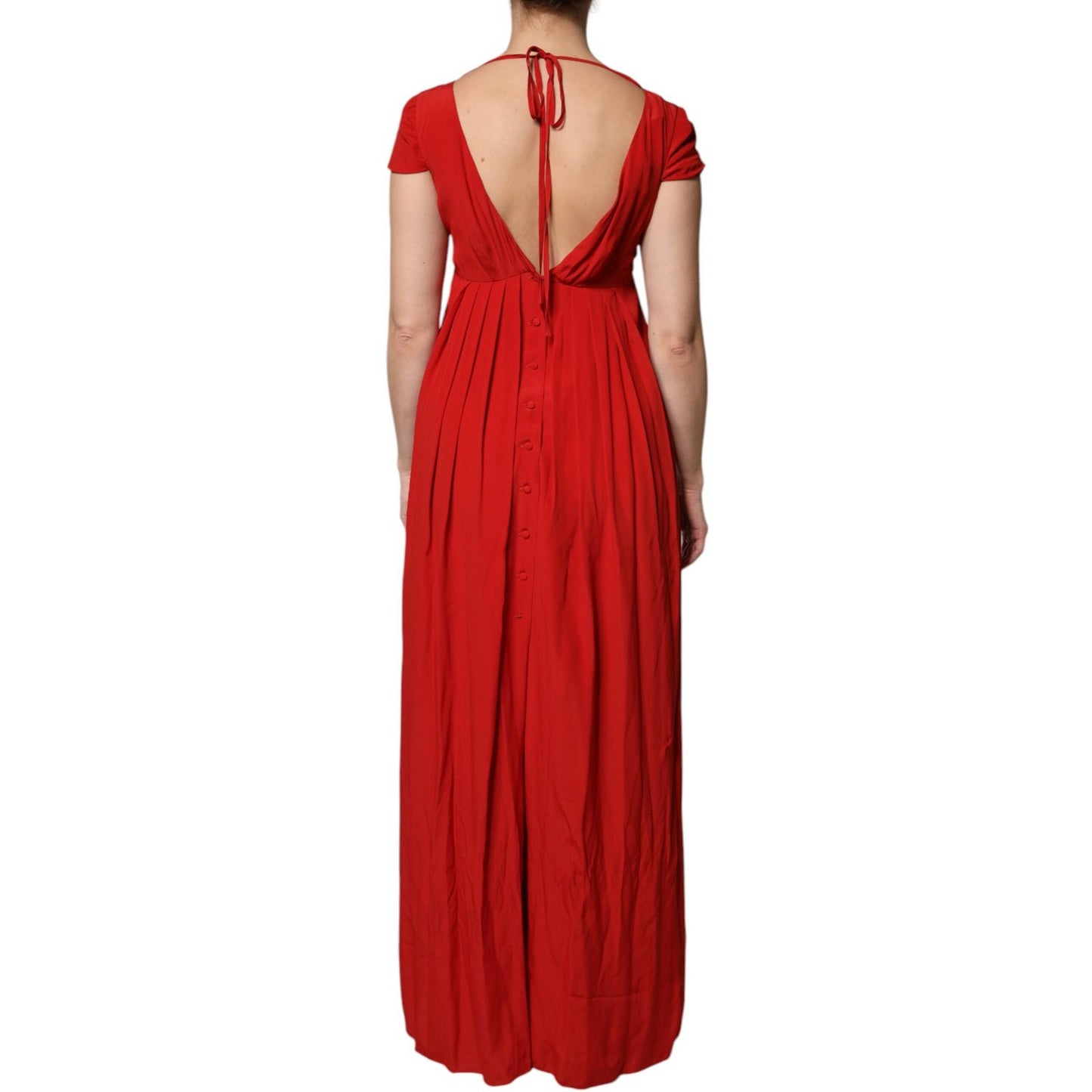 Dondup Red Acetate Short Sleeves Plunging Neckline Maxi Dress Dondup
