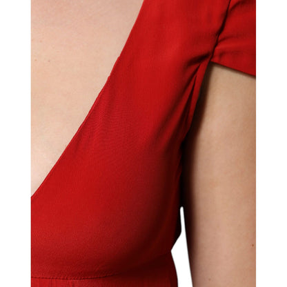Dondup Red Acetate Short Sleeves Plunging Neckline Maxi Dress Dondup