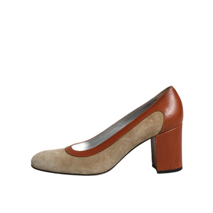Dolce & Gabbana Beige Brown Leather Block Heels Pumps Shoes