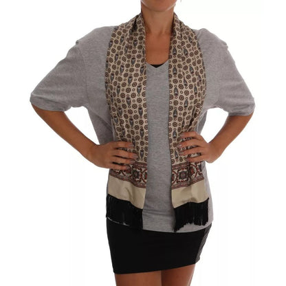 Dolce & Gabbana Gray Cotton Owl Silk Scarf Top T-shirt