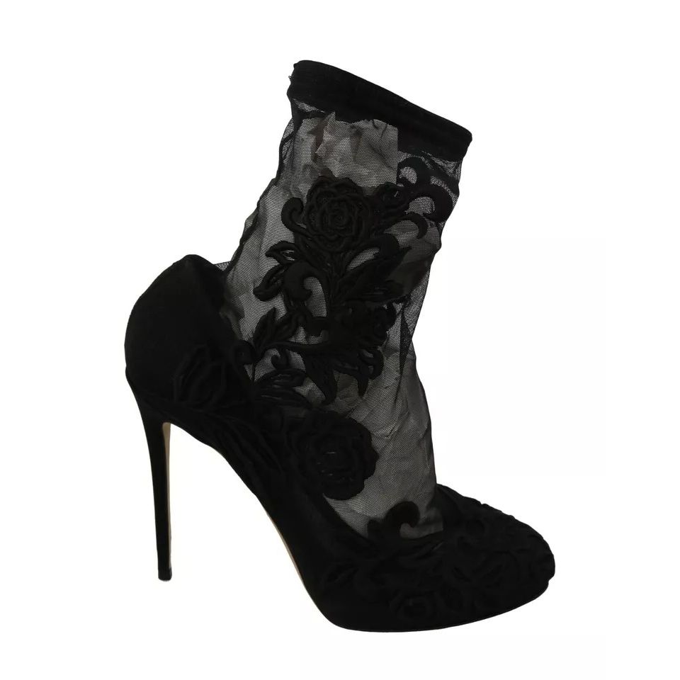 Dolce & Gabbana Black Tulle Stretch Floral Booties Shoes