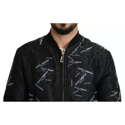 Dolce & Gabbana Black Logo Patch Brocade Bomber Full Zip Jacket