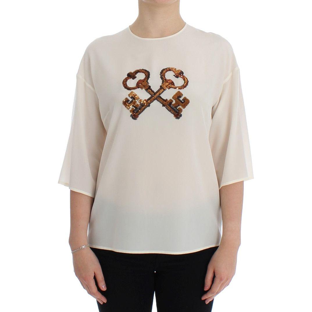 Dolce & Gabbana White Sequined Key Silk Blouse T-shirt Top Dolce & Gabbana