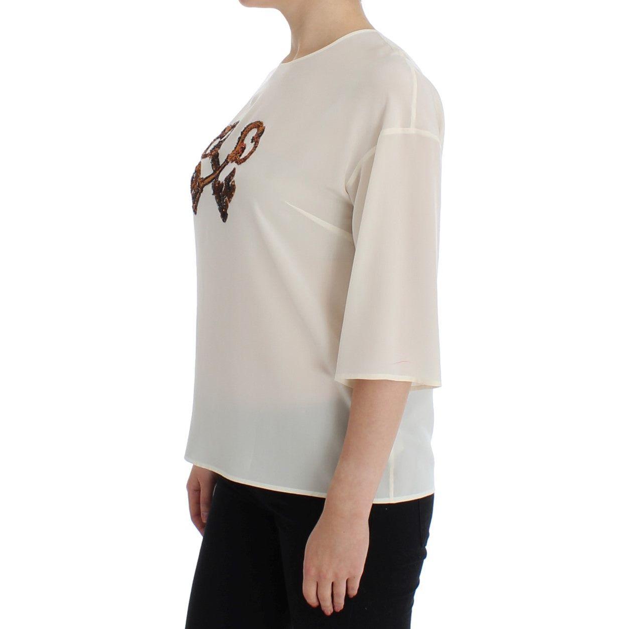 Dolce & Gabbana White Sequined Key Silk Blouse T-shirt Top Dolce & Gabbana