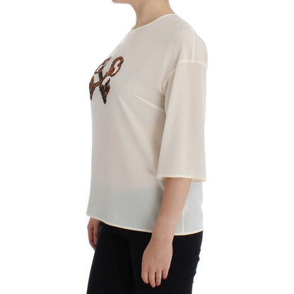 Dolce & Gabbana White Sequined Key Silk Blouse T-shirt Top Dolce & Gabbana