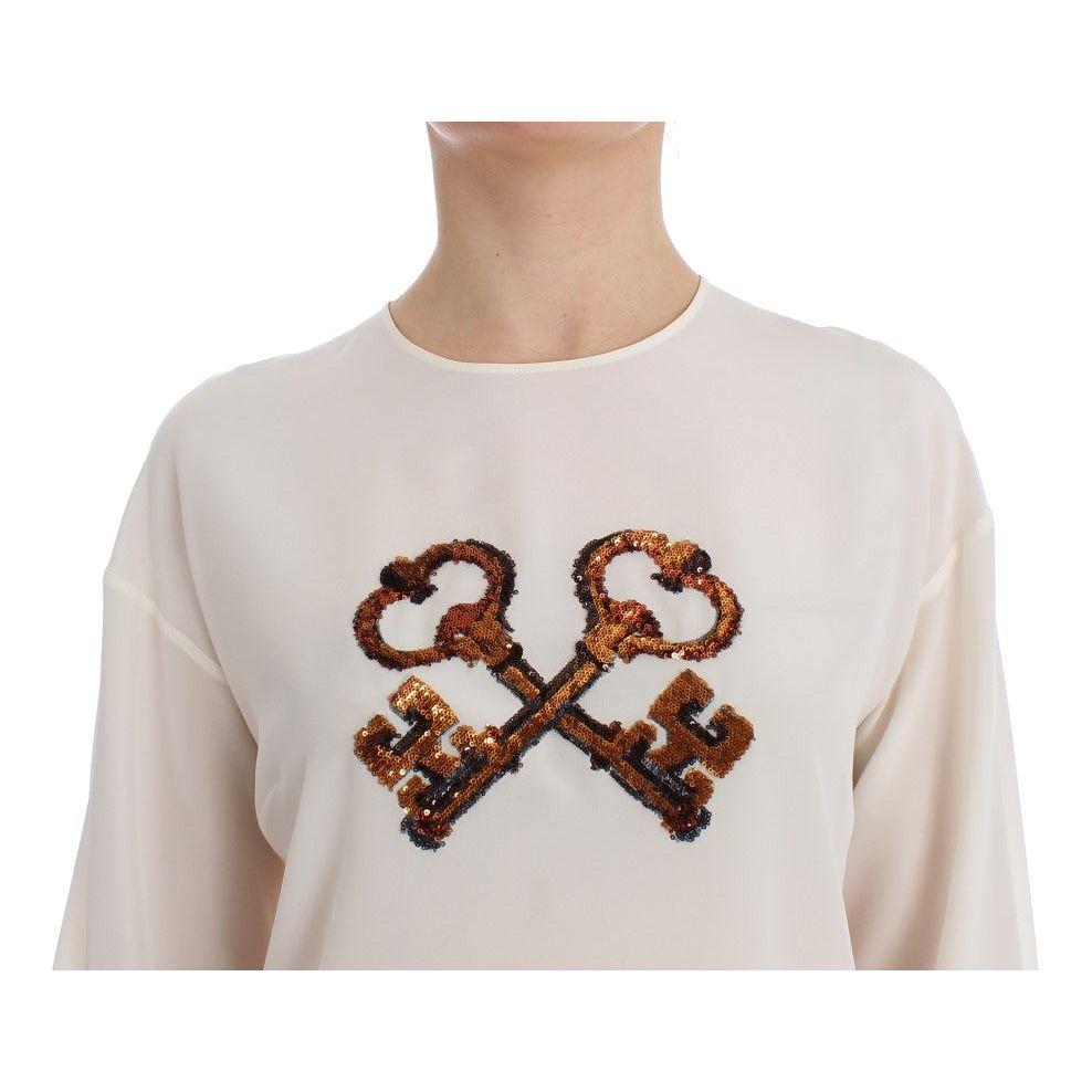 Dolce & Gabbana White Sequined Key Silk Blouse T-shirt Top Dolce & Gabbana