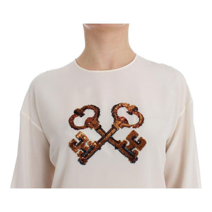 Dolce & Gabbana White Sequined Key Silk Blouse T-shirt Top Dolce & Gabbana