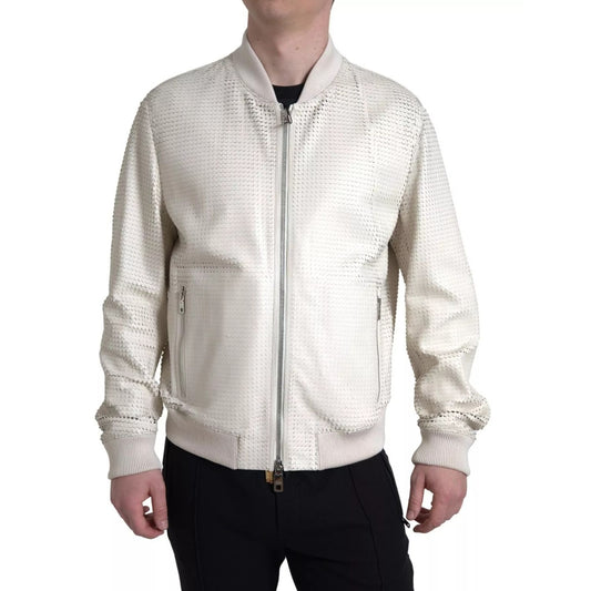 Dolce & Gabbana Off White LeatherPerforated Full Zip Jacket Dolce & Gabbana
