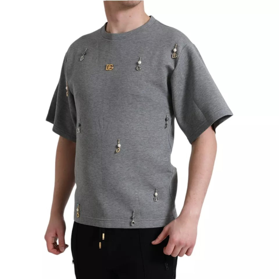 Dolce & Gabbana Gray Cotton Embellished Crew Neck T-shirt