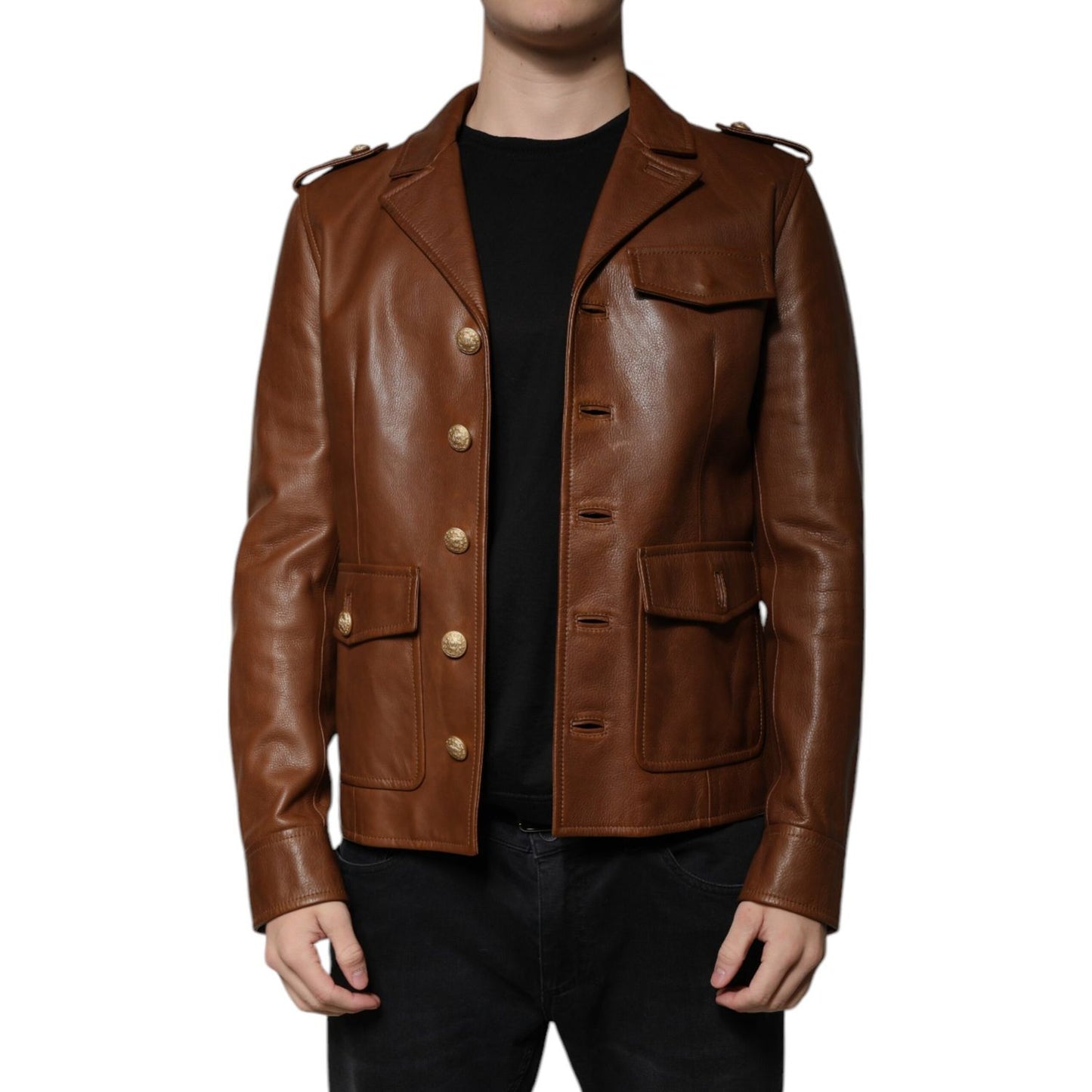 Dolce & Gabbana Brown Calfskin Leather Button Down Jacket