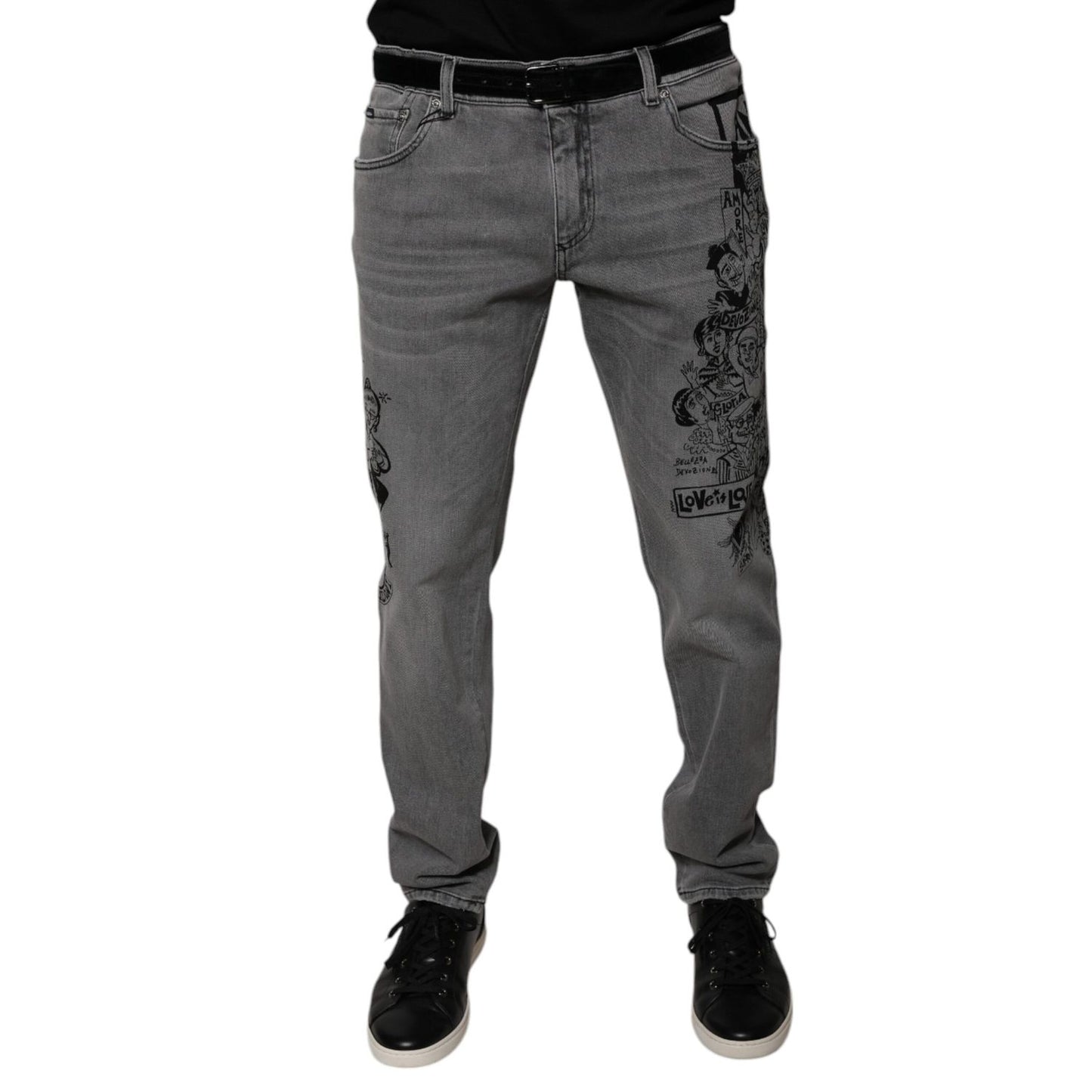 Dolce & Gabbana Gray Graphic Print Cotton Skinny Denim Jeans