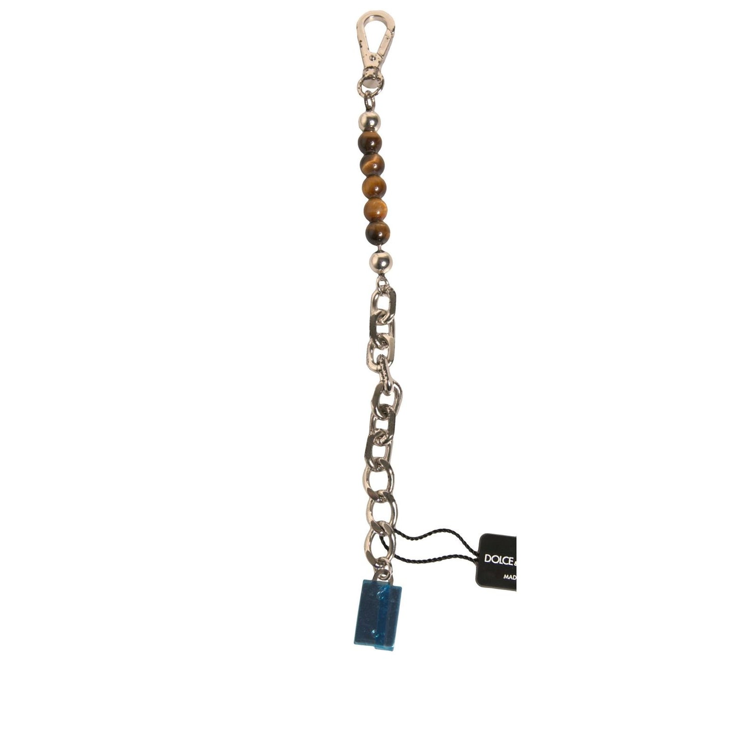 Dolce & Gabbana Silver Brass Chain Beaded Logo Plaque Keychain Keyring